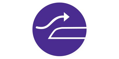 Violetti ja valkoinen kuvake, jossa on ylös osoittava nuoli ja reunan ylittävä sidos.
