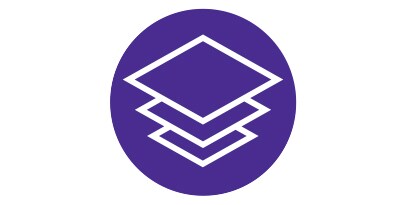 Violetti ja valkoinen kuvake, jossa on useita kerroksia pinottuna päällekkäin.
