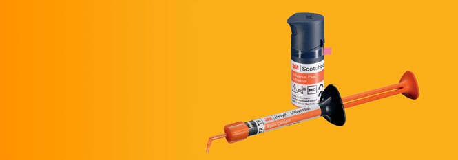 3M™ RelyX™ Universal -muovisementti ja 3M™ Scotchbond™ Universal Plus -sidosaine.
