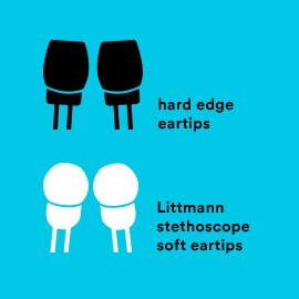 Kuva, jossa verrataan Littmann -stetoskoopin pyöristettyjä, pehmeitä korvakappaleita kovareunaisiin korvakappaleisiin.