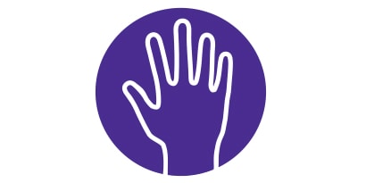Violetti ja valkoinen kuvake, joka esittää lääkärin käden ääriviivaa.
