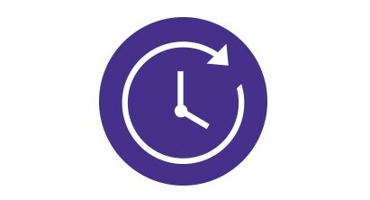 Violetti ja valkoinen kuvake kellon osoittimilla ja jatkuvalla ympyrällä.
